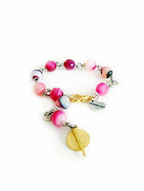 Rosary bracelet with pink agate stones, gold spikes and coins