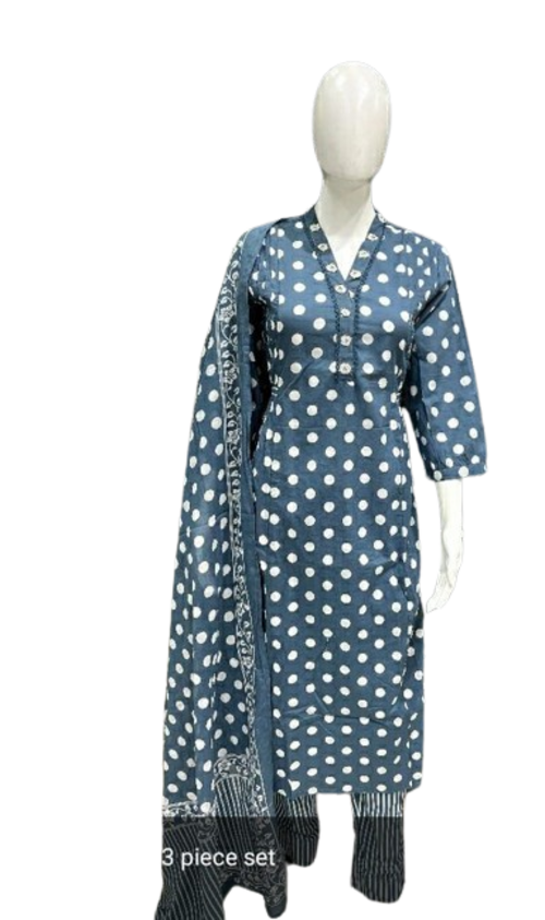 Women Polka Dot Print Cotton Kurta Set Size Xl Color Blue