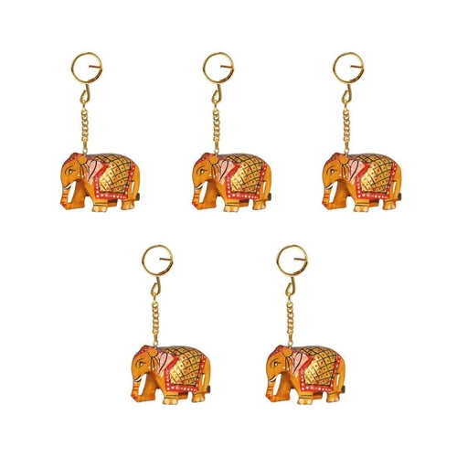 Handicrafts Wooden Elephant Carved And Painted Key Chains Set Of 5 Pc