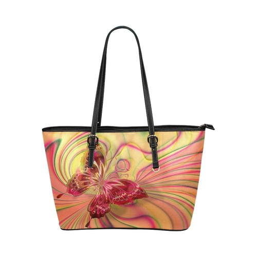 Large Leather Tote Shoulder Bag - Vibrant Butterfly Print