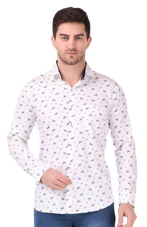 Men Classic Spread Collar Floral Printed Cotton Slim Fit Formal Shirt