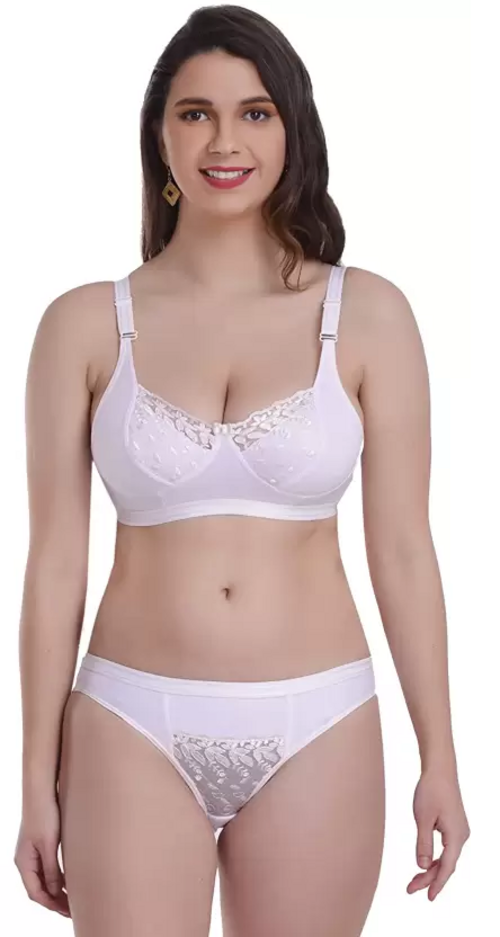 Women's Bra & Panty Set Self Design White Lingerie Set (Size 34)