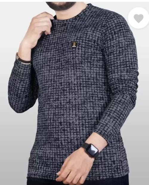 Men Checkered Round Neck Polyester Grey T-Shirt L