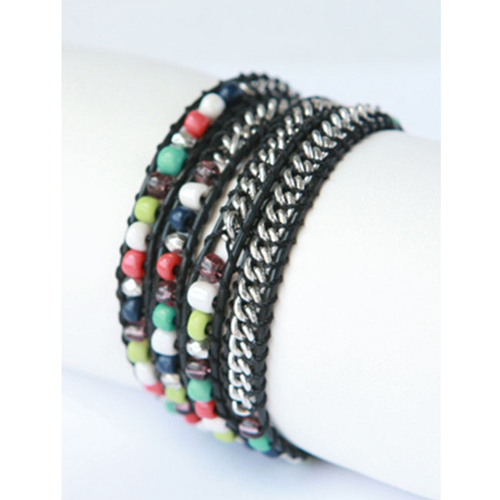 Zirconmania 610B-8695MLT Silver and Leather Beaded Wrap Bracelet