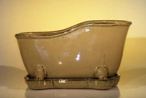 Olive Green Ceramic Bonsai Pot With Matching TrayBathtub Shape10.875"