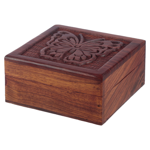 Carved Sheesham Wood Butterfly Trinket Box