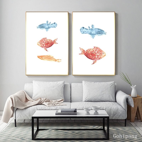 Red Blue Fish Canvas Painting Cute Art Poster and