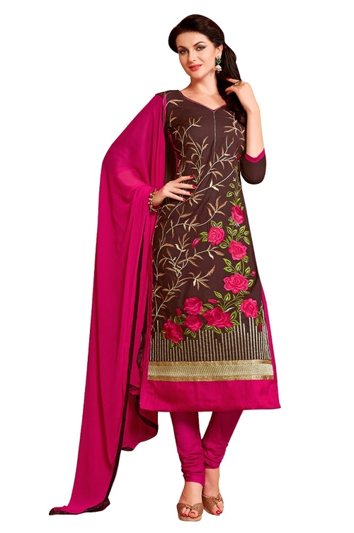 Brown Glaze Cotton Embroidered Party Wear Dress