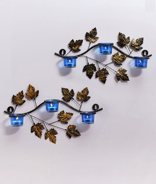 Pack Of 2 Blue & Gold-Toned Maple Branch Shaped Candle Holder size -