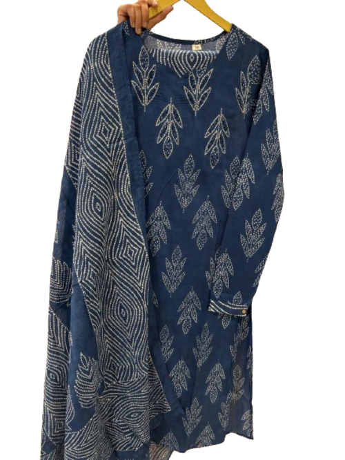 Women Cotton Blend Kurta Pant Dupatta Set Size Xl Color Navy Blue