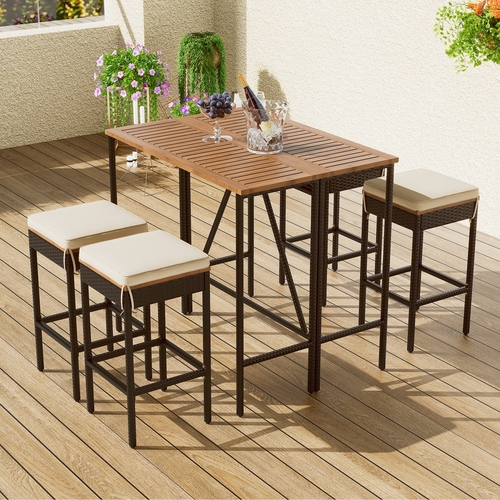 5-Piece Outdoor Acacia Wood Bar Height Table And Four Stools With