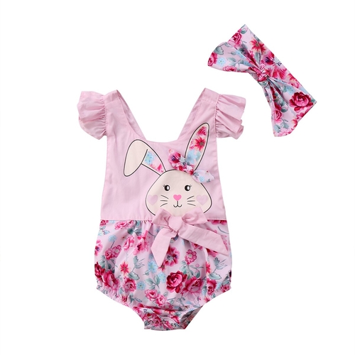 New Bunny Flower Bow Hairband Sunsuit 2Pcs