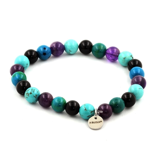 Amethyst + Chrysocolla + Black Agate + Turquoise Bracelet 8 mm Beads.