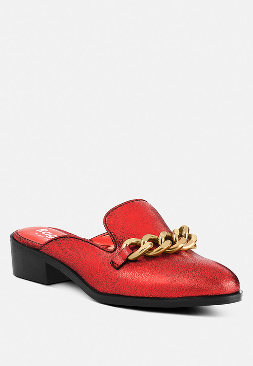 Aksa Chain Embellished Metallic Leather Mules