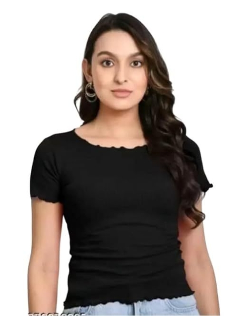 BLACK Stylish and Latest Women's Casual Short Sleeves Round Neck Foral