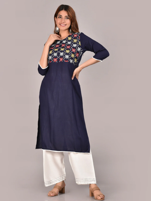 Women navy blue embroidered straight kurta (Size-M) (Color-NAVY BLUE)