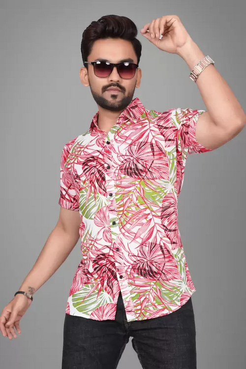 Men Regular Fit Printed Spread Collar Casual Shirt Pink (Size S)