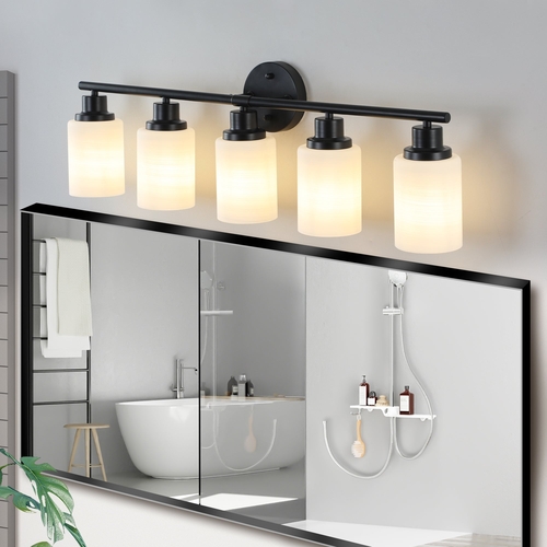 Modern 5-Light Vanity Bathroom Mirror Light, Frosted White Glass with