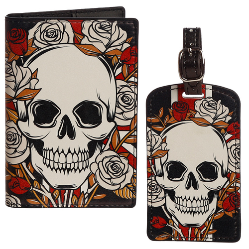 Fun Novelty Skulls & Roses Luggage Tag and Passport Cover Set