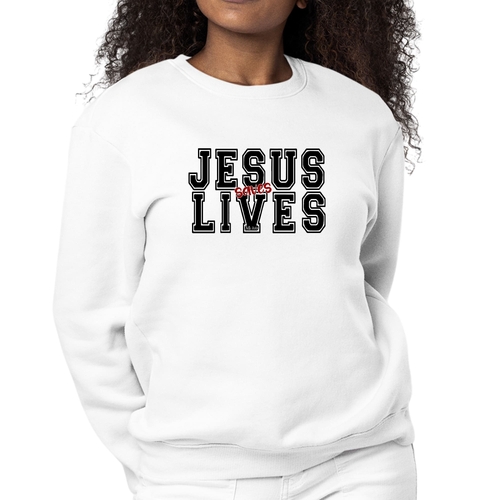 Womens Graphic Sweatshirt Jesus Saves Lives Black Red Illustration