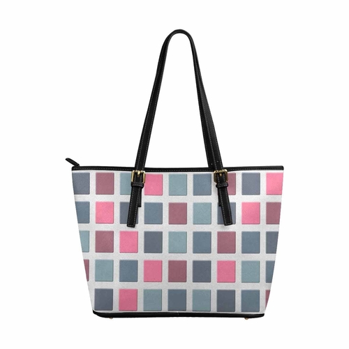 Large Leather Tote Shoulder Bag - Mosaic Tiles Pink Grey