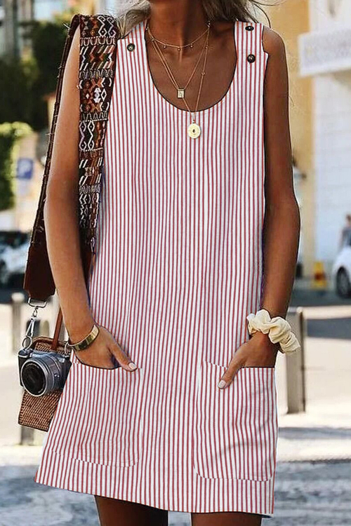 Pink Boho Crew Neck Pockets Daily Striped Shift Dress