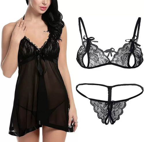 Women's Bra & Panty Set Self Design Black, Black Lingerie Set (Size