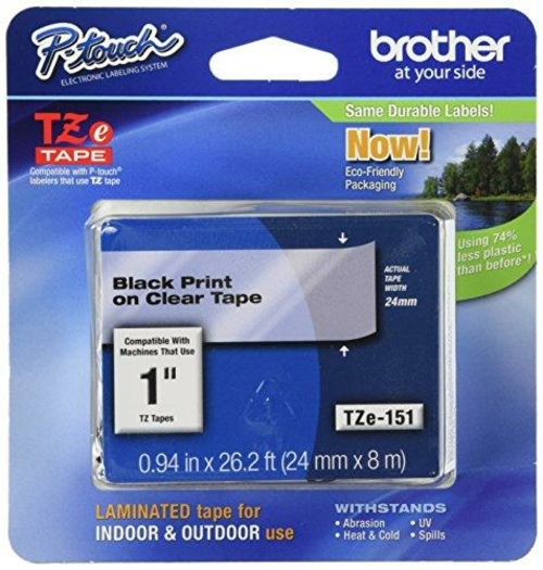 Brother Printer TZE151 Tape, 1 in., Black on Clear