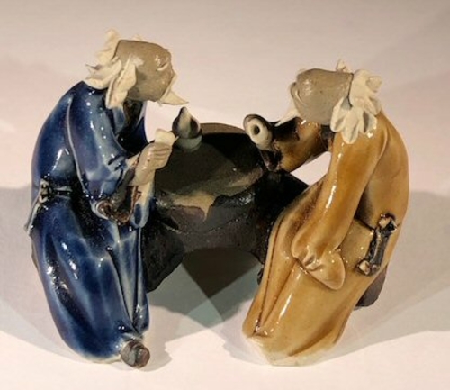 Ceramic FigurineTwo Men Sitting On A Bench - 2.5"Color: Blue & Light