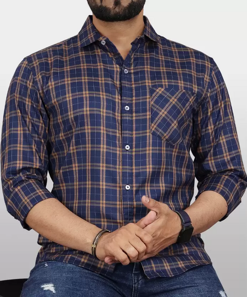 Men Regular Fit Checkered Spread Collar Casual Shirt Navy Blue (Size