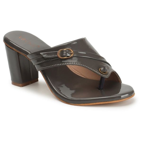 Open-Toe Chunky Block Heeled Slippers (Size-40) (Color-GREY)