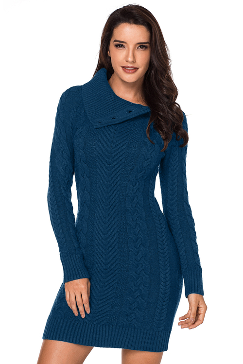 Asymmetric Buttoned Collar Biscay Bodycon Sweater Dress