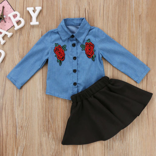 Kids Baby Girls Outfits Flower Clothes Denim Shirt