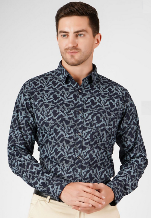 Men Relaxed Slim Fit Opaque Printed Party Shirt (Color Blue) (Size 40)