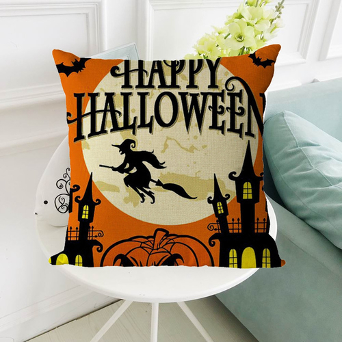 Halloween Castle Witch Pumpkin Cushion Cover Linen