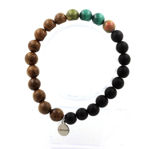 Malachite + Unakite + Matte Black Onyx + Wood Bracelet 8 mm Beads.