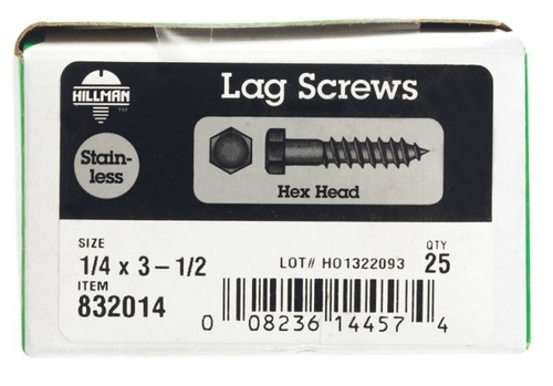 Hillman 832014 0.25 x 3.5 in. Hex Head Lag Bolt  Stainless Steel