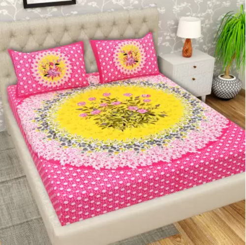 144 TC Cotton Double Jaipuri Prints Flat Bedsheet  (Pack of 1, Pink)