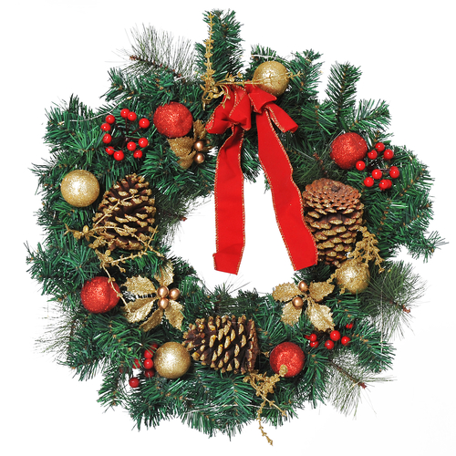 HOMCOM Christmas Wreath 24" Pre-Lit Artificial Greenery Xmas Spruce