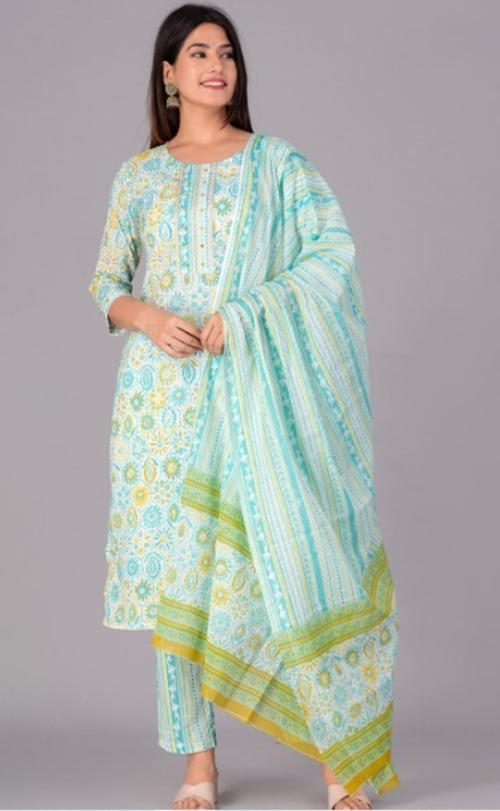 Ethnic Printed Mirror Work Pure Cotton Kurta with Trousers & Dupatta