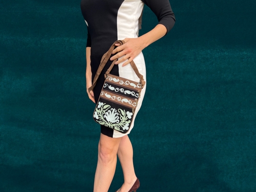 Suede Embroidered Mint and Black Five Zipper Crossbody Bag