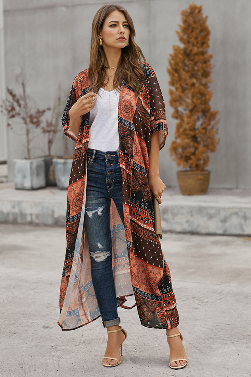 Orange Bohemian Style Tie Kimono