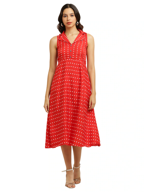 Women Red Crepe A-Line Dress (Size-S) (Color-RED)