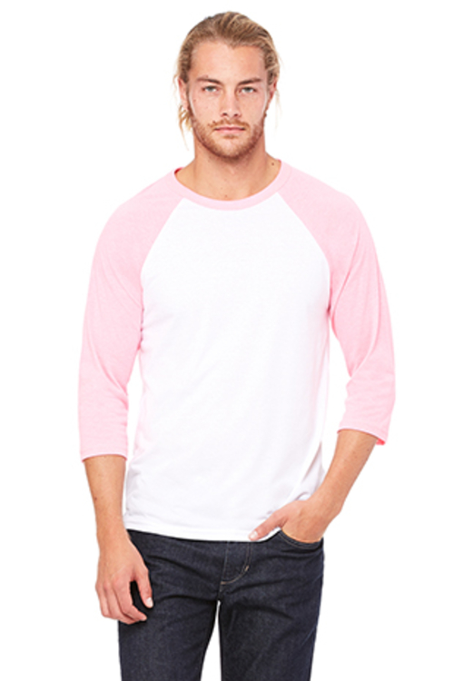 Bella 3200 Unisex 3 By 4 Sleeve Baseball Tee - White & Neon Pink, 