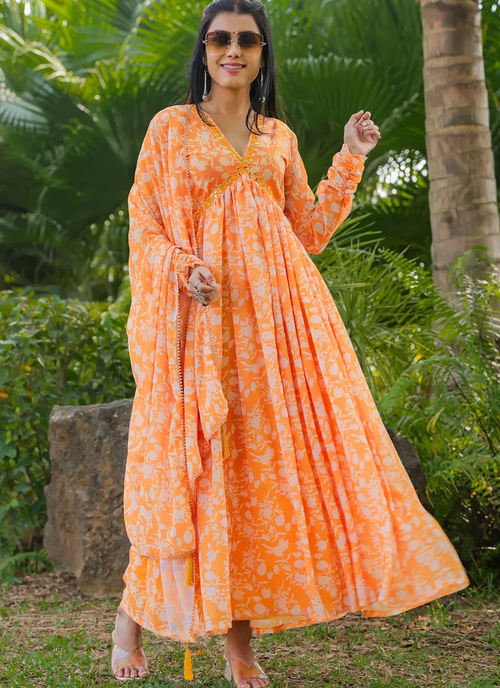 Apricot Orange Graceful Alia Cut Gown with Dupatta for Festive