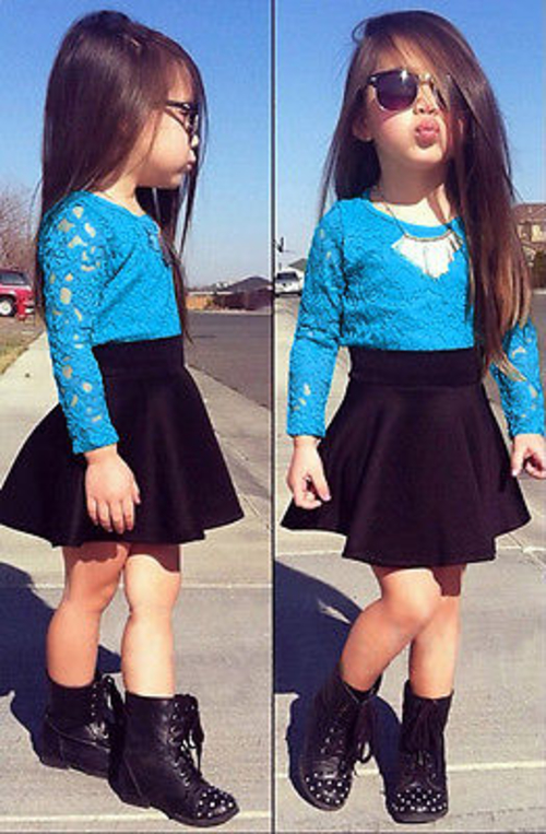 2016 Baby Girls Solid Blue Lace Floral Long Sleeve