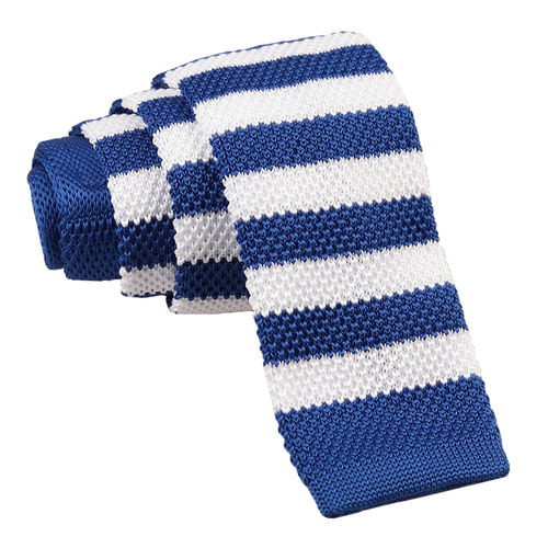 Knitted Striped Skinny Tie - Royal Blue & White