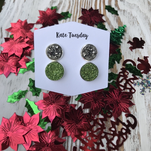 Green + Silver Stud Christmas Holiday Druzy Earrings Double Set