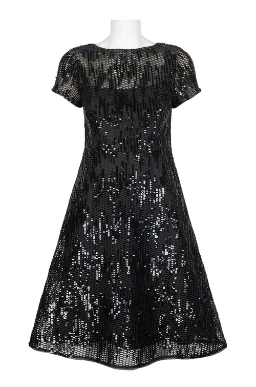 Aidan Mattox Boat Neck Short Sleeve A-Line Zipper Back Illusion Sequin