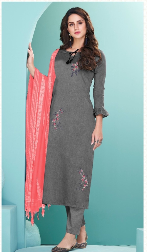 Cotton Suit Set Three Quarter Sleeve  (Size-L) (Color-GREY)